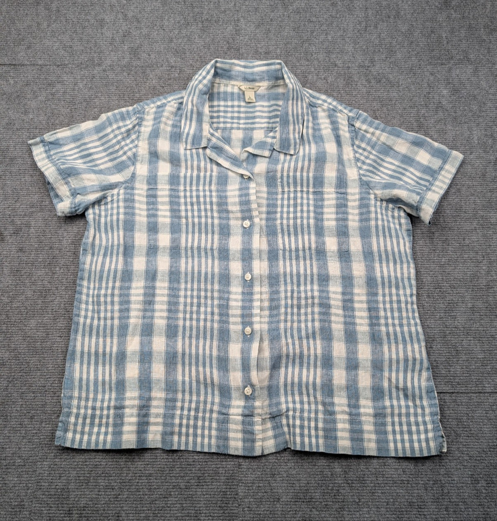 LL Bean Linen Button Up Shirt Womens Large Blue Plaid Coastal Layer Preppy Camp